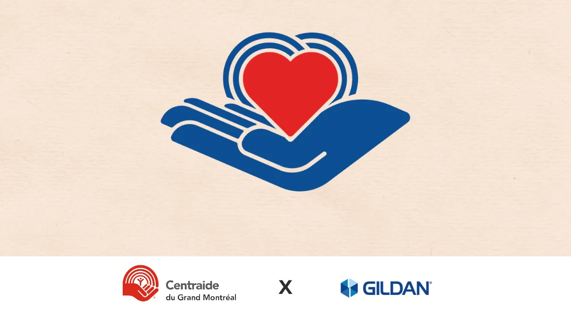 Une main bleue tenant un cœur lu, sur fond beige, arborant les logos Centraide et Gildan
