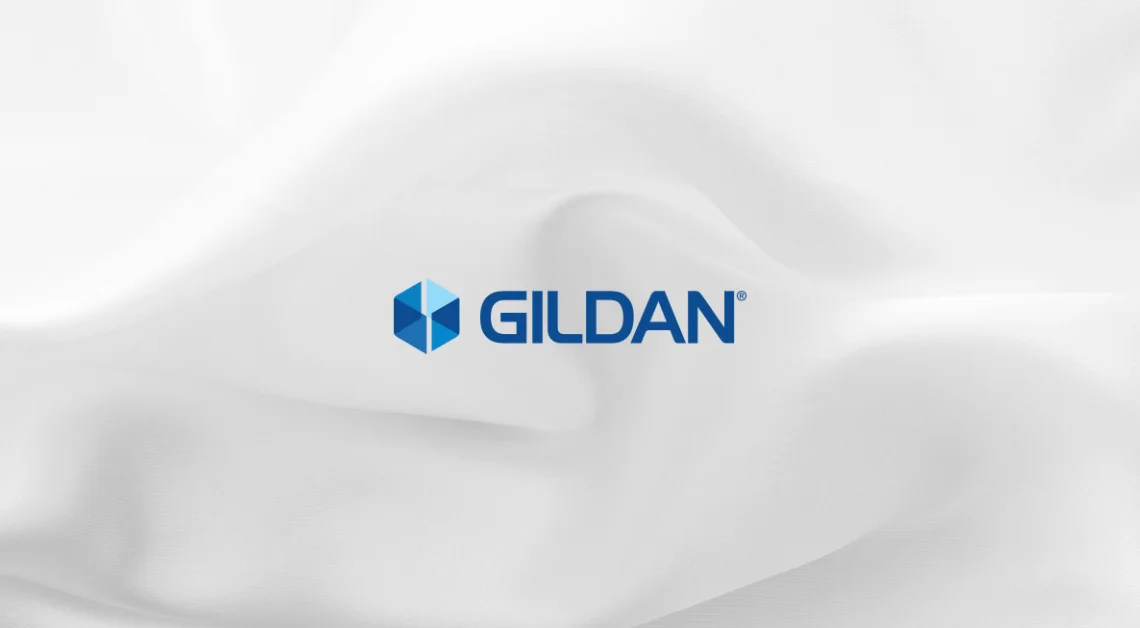 White fabric background with a Gildan logo centered on top