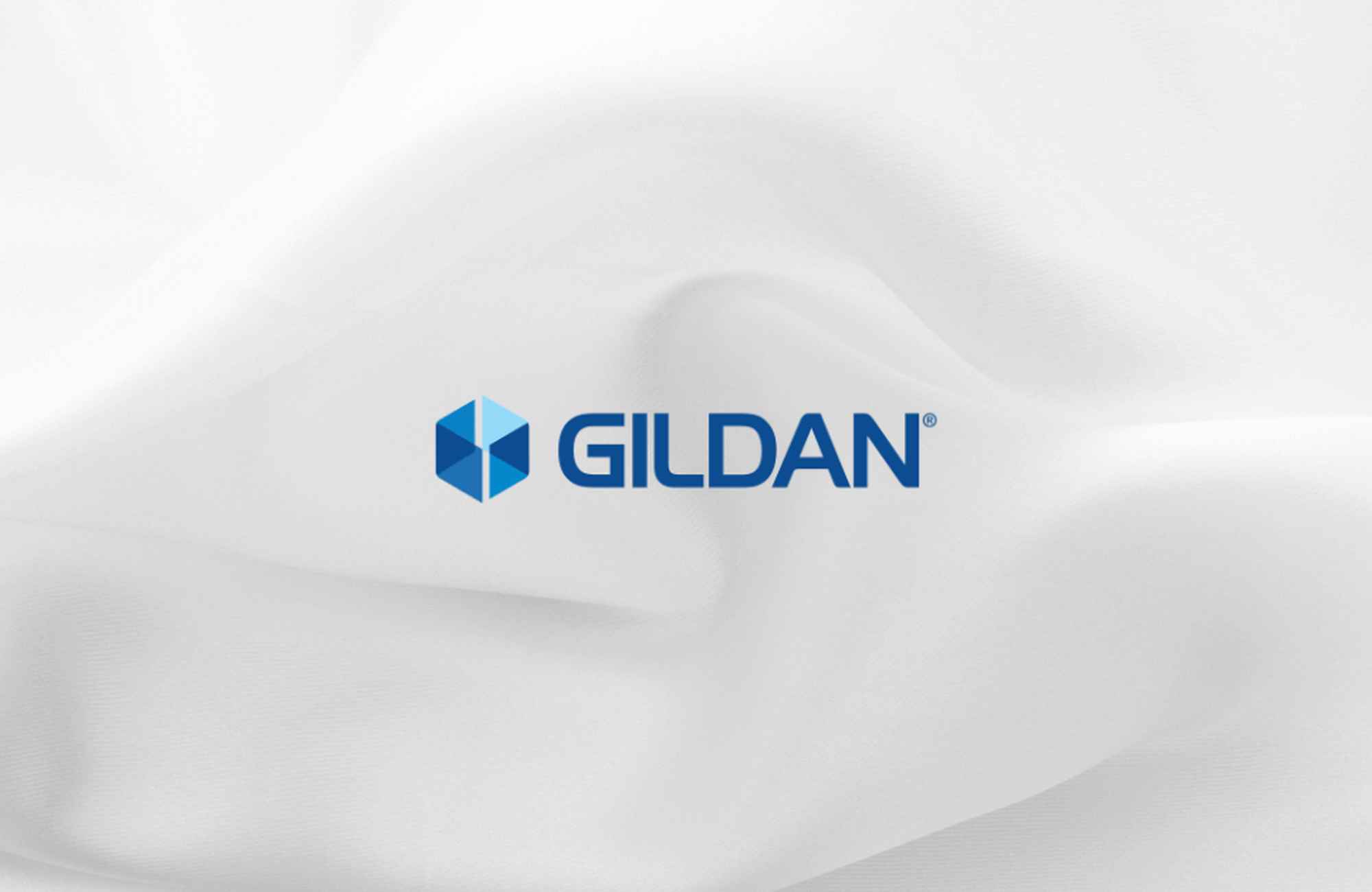 White fabric background with a Gildan logo centered on top
