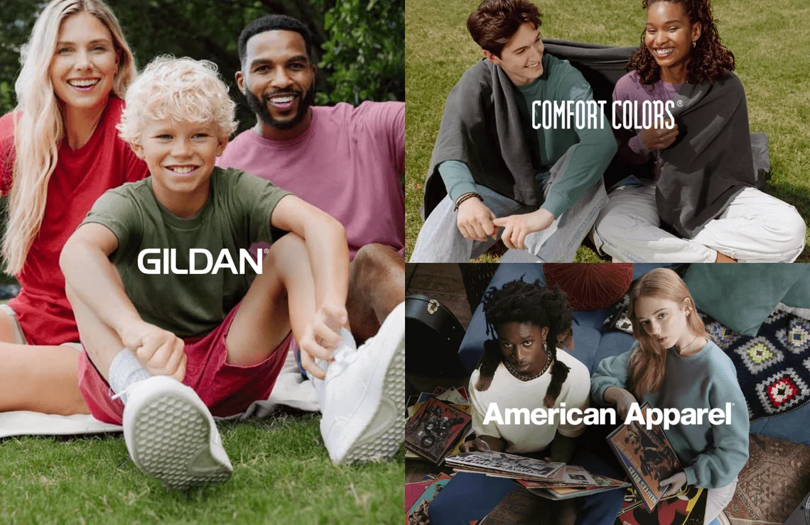 Gildan®, Comfort Colors®, American Apparel® logo highlights on background of models wearing products
